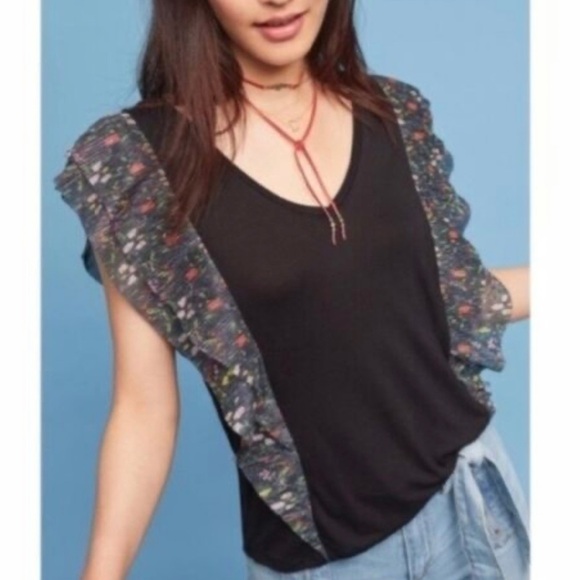 Anthropologie Vanessa Virginia indak metallic ruffle black tee - Picture 2 of 7